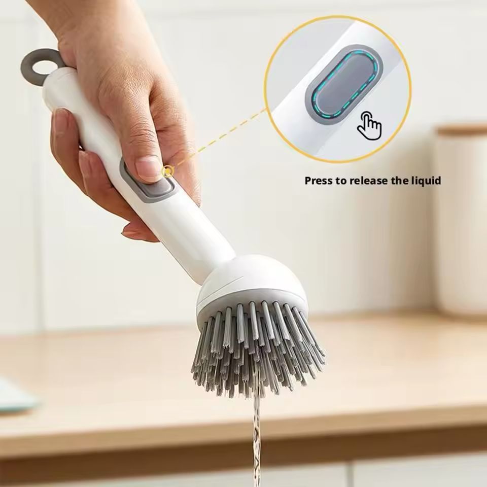 Kitchen Cleaning Adjustable Handle Brush With Soap Dispenser Refillable